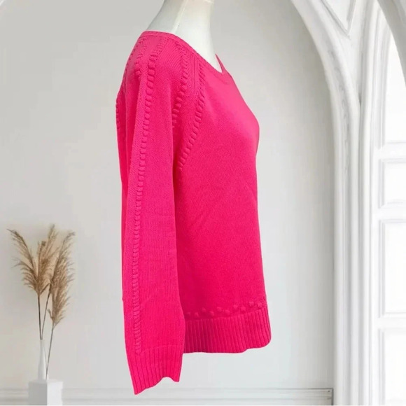 Sail to Sable crewneck sweater, hot pink pompoms pullover cashmere wool blend - Picture 5 of 16